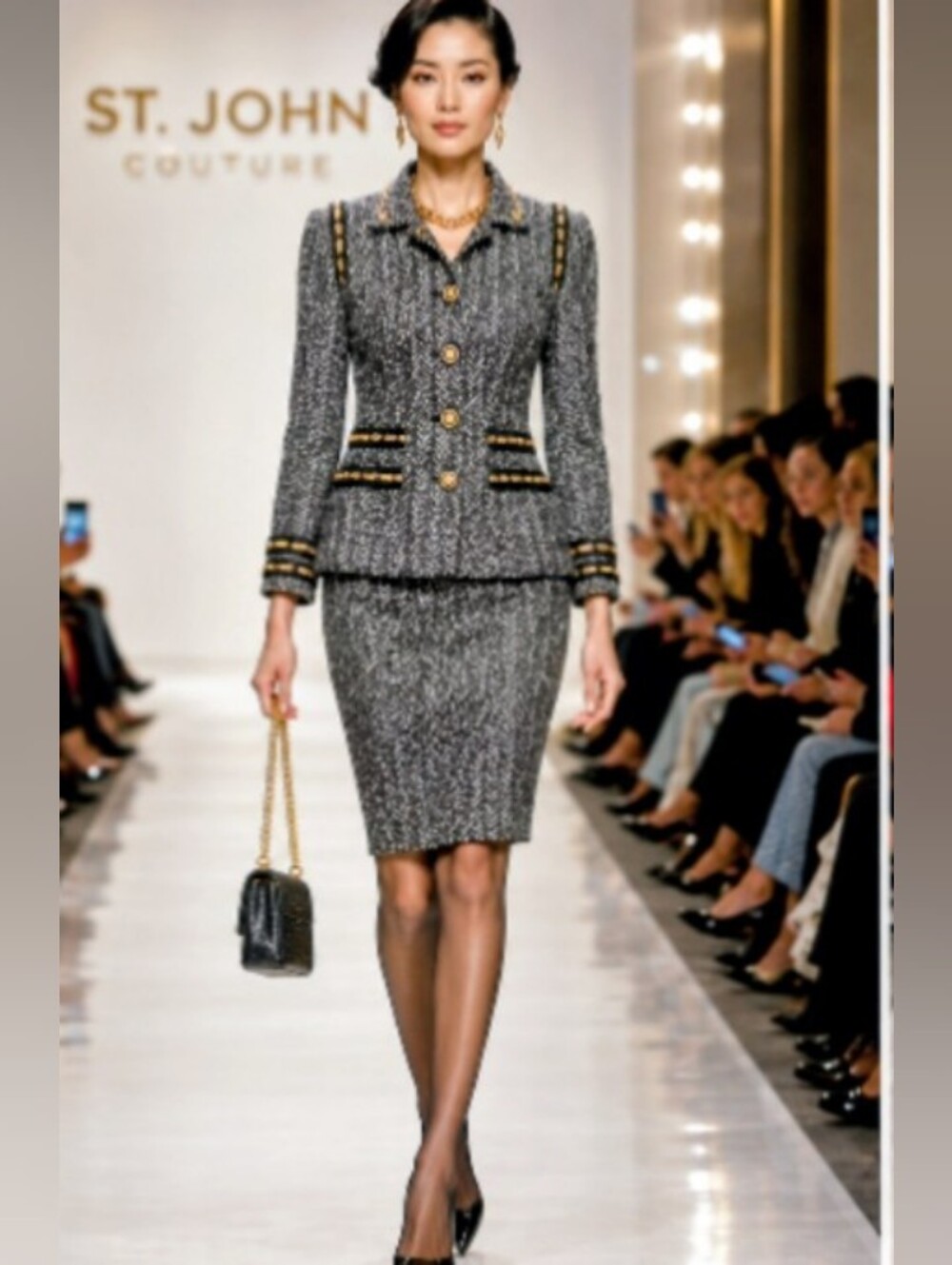 St John Couture 10/8 Tweed Boucle Black White Gold Chain Logo Button Skirt Suit